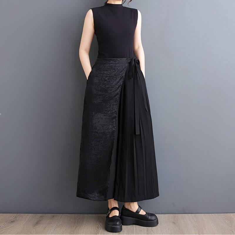 Black Plus Size Vintage Pleated High Waist Casual Loose Summer Wide Leg Pants Women Trousers
