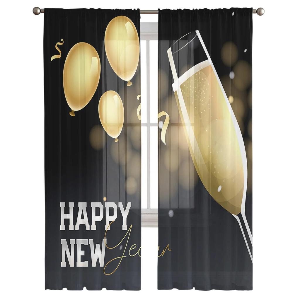 Зимние новогодние бокалы для вина, фейерверки, прозрачные шторы для гостиной, спальни, тюлевые занавески для кухни, вуаль, шторы, жалюзи, панели