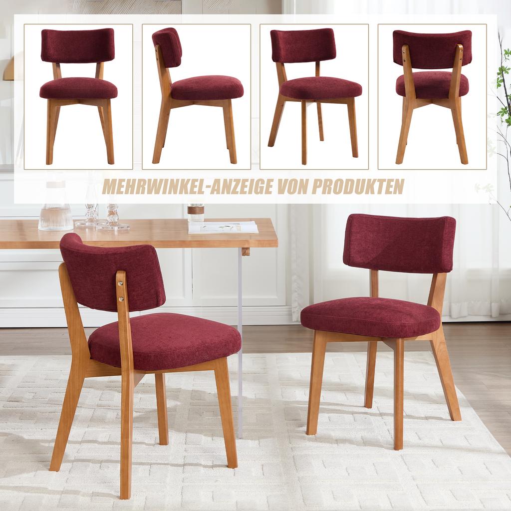 Modern Mid-Century Style Dining Chair Set of 2, Solid Wood Legs Fabric Upholstered Seat for Kitchen, Dining Room or Office (Bordeaux Red Linen Fabric)
