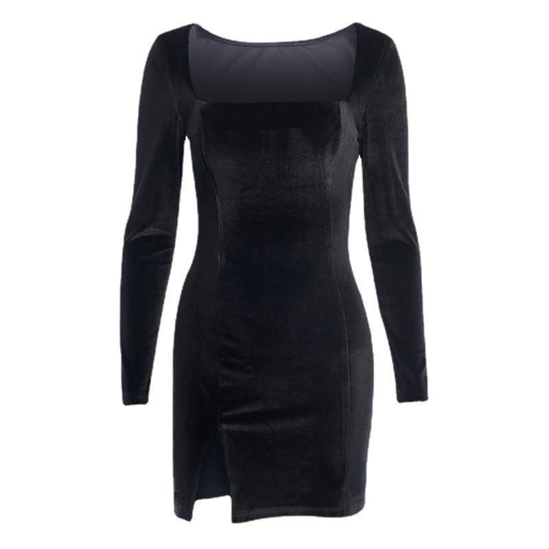 Autumn New Solid Color Velvet Dress Sexy U-neck Style Round Neck Slit Skirt