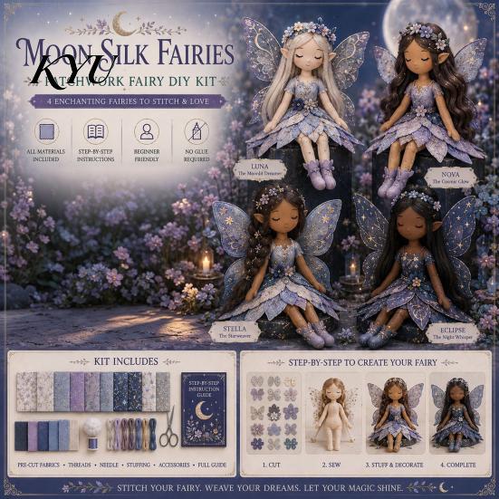DIY Fairy Sewing Project Magical Patchwork Kit, Flower Fabric Make Craft Kit 4 Winged Dolls, for Beginners, Handcrafted Home Decor Whimsical