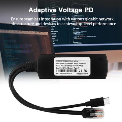 Гигабитный POE-сплиттер 5 В 3 А Type-C RJ45 Соответствует IEEE802.3af/at 10/100/1000 Мбит/с Адаптер-сплиттер Power Over Ethernet для камеры видеонаблюдения