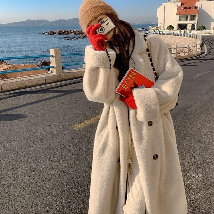 Autumn and winter thickened long suit collar imitation mink velvet cotton thickened fur imitation fur women's coat coat