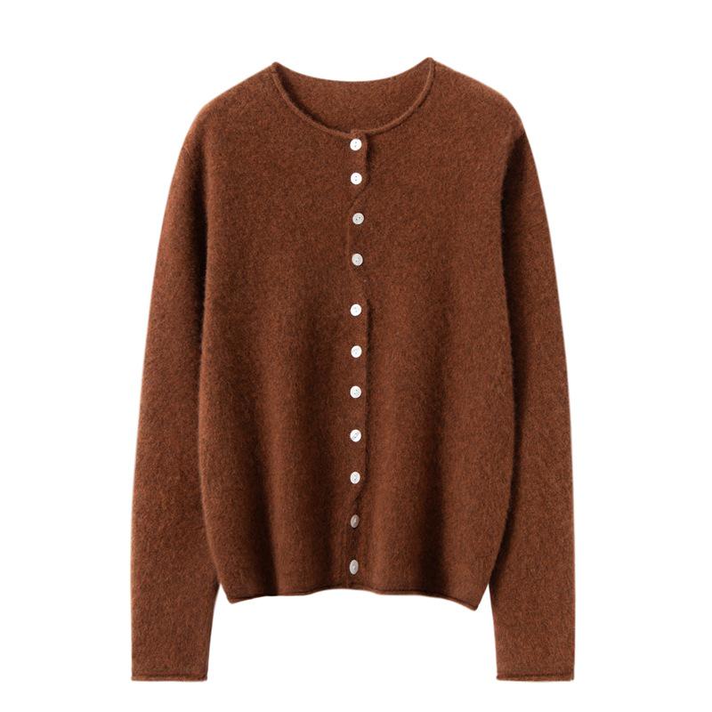 Autumn Winter Women's Solid Cashmere Sweater: Round Neck, Rolled Edge, Slimming Multi-Button Cardigan