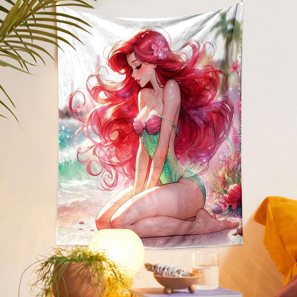 Mermaid Princess by the Ocean Beach Patterned Tapestry Decorative Wall Hanging, Home Bedroom Living Room Decor