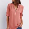 Shirt V-neck Zipper Plus Size Women's Long Sleeved Loose Chiffon Shirt with Adjustable Sleeves