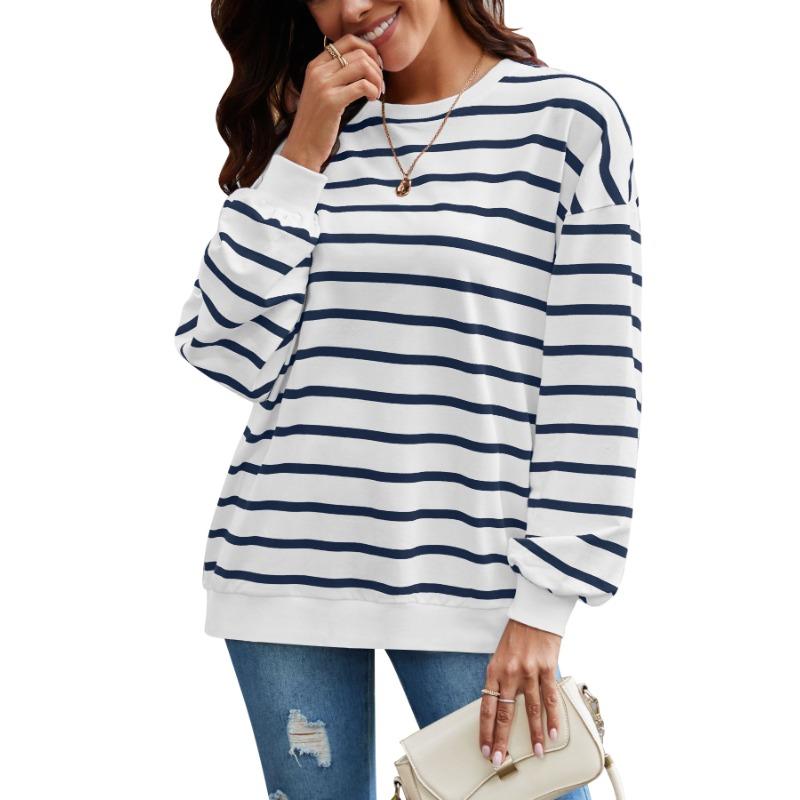 Женская осенняя свободная повседневная толстовка с длинным рукавом в полоску большого размера
