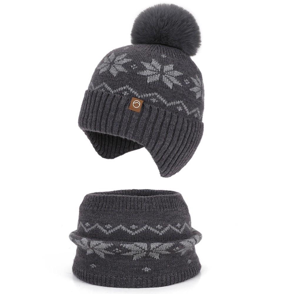 Polyester Winter Knitted Hat Warm Ear Flap Kids Snowflake Beanie for 2/3 Piece Set For Boys Girls