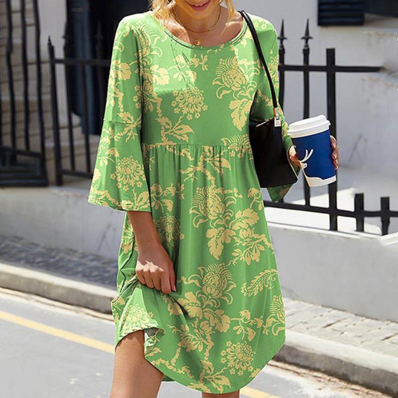 Весна Осень Элегантный Пригородный Круглый Вырез Печати Семь Рукавов Большого Размера Платье Для Женщин