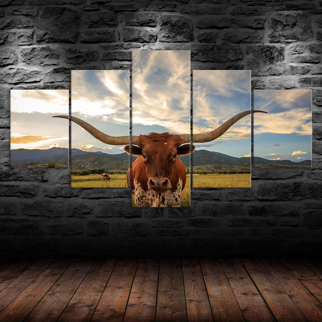 Longhorn Cattle Ox Cow Farms Animal 5 Piece Five Panel Wall Canvas Print Modern Art Poster Picture Home Decor Gift For Him For Her