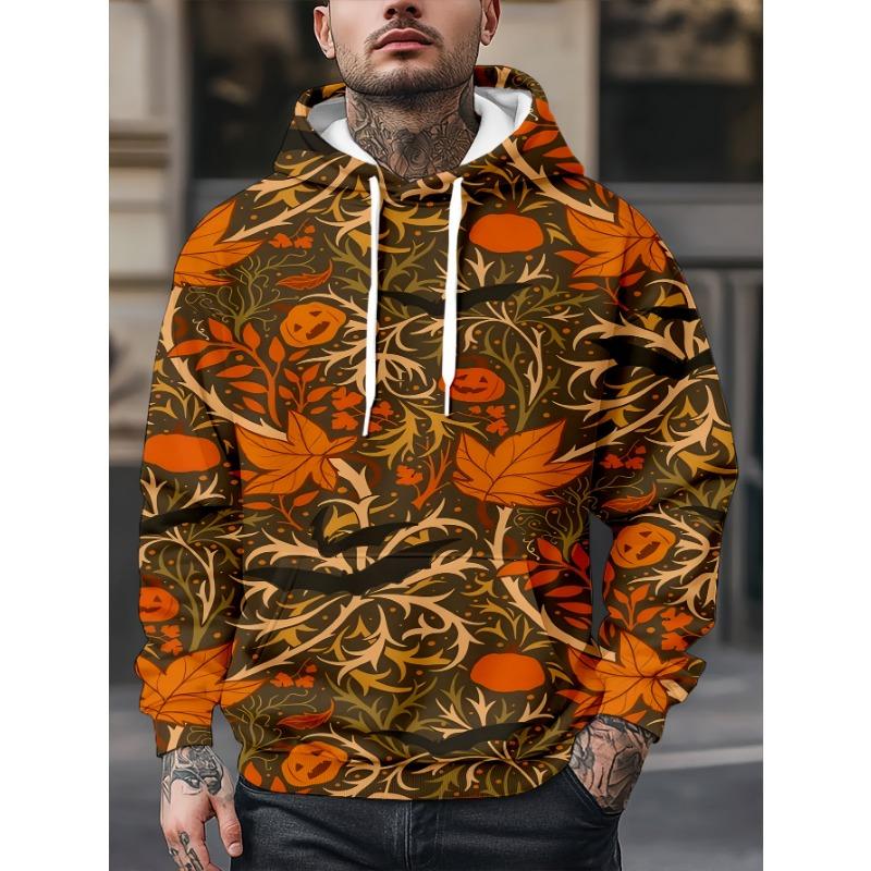 Men Autumn Maple Leaf Halloween Pumpkin All Over Print Casual Drawstring Hooded Sweatshirt With Front Kangaroo Pocket