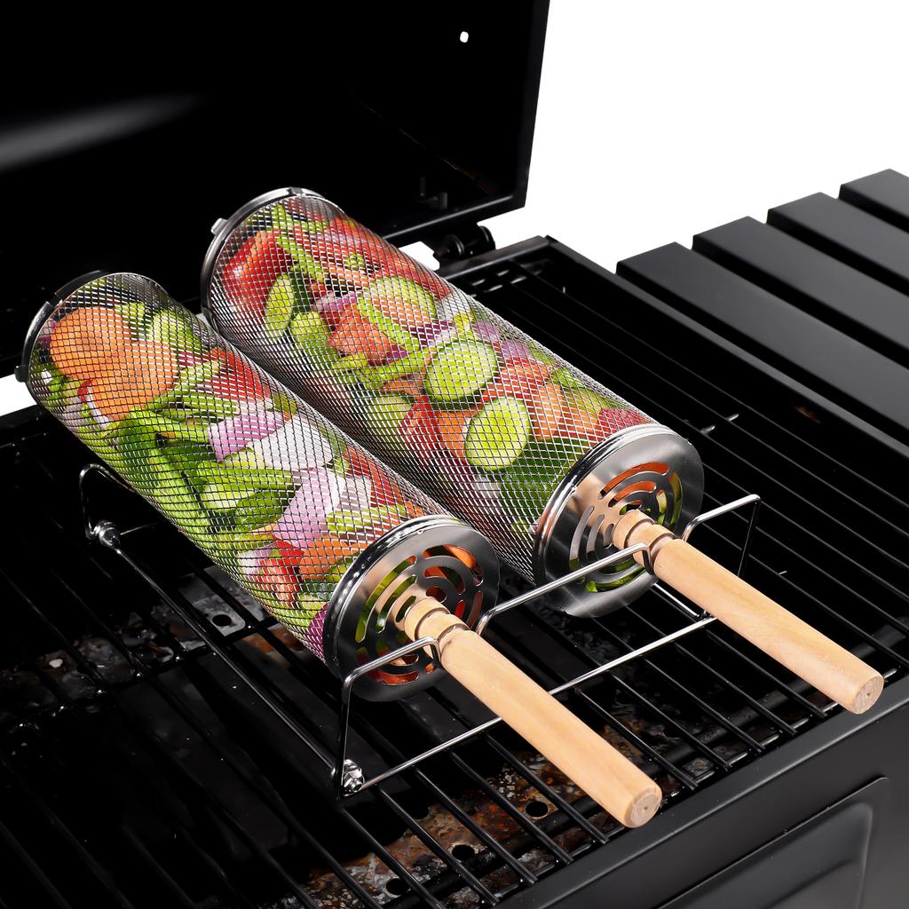 Rolling BBQ Grill Basket Set 304 Stainless Steel Cylinder Grill Mesh Cage with Wooden Handle Stand Hooks Forks