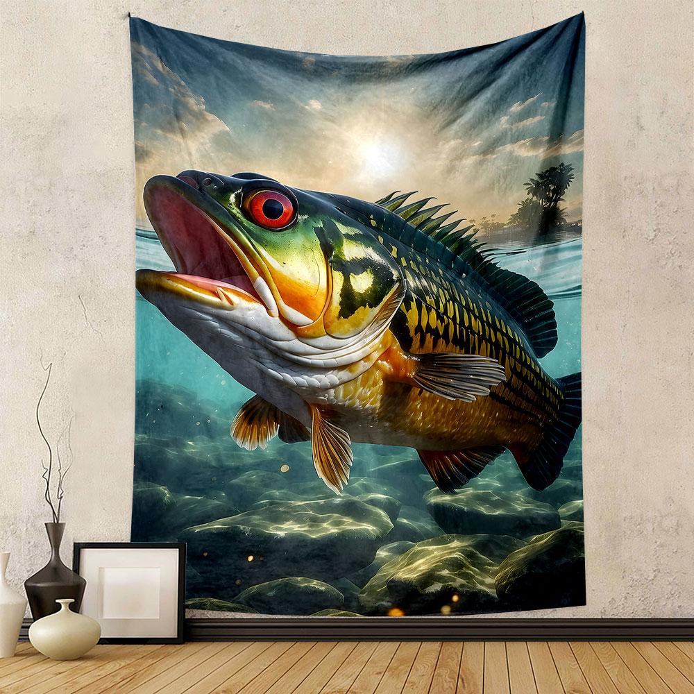 Vibrant Underwater Bass in Sunset Glow Patterned tapestry home decor, suitable for bedroom and living room, gift