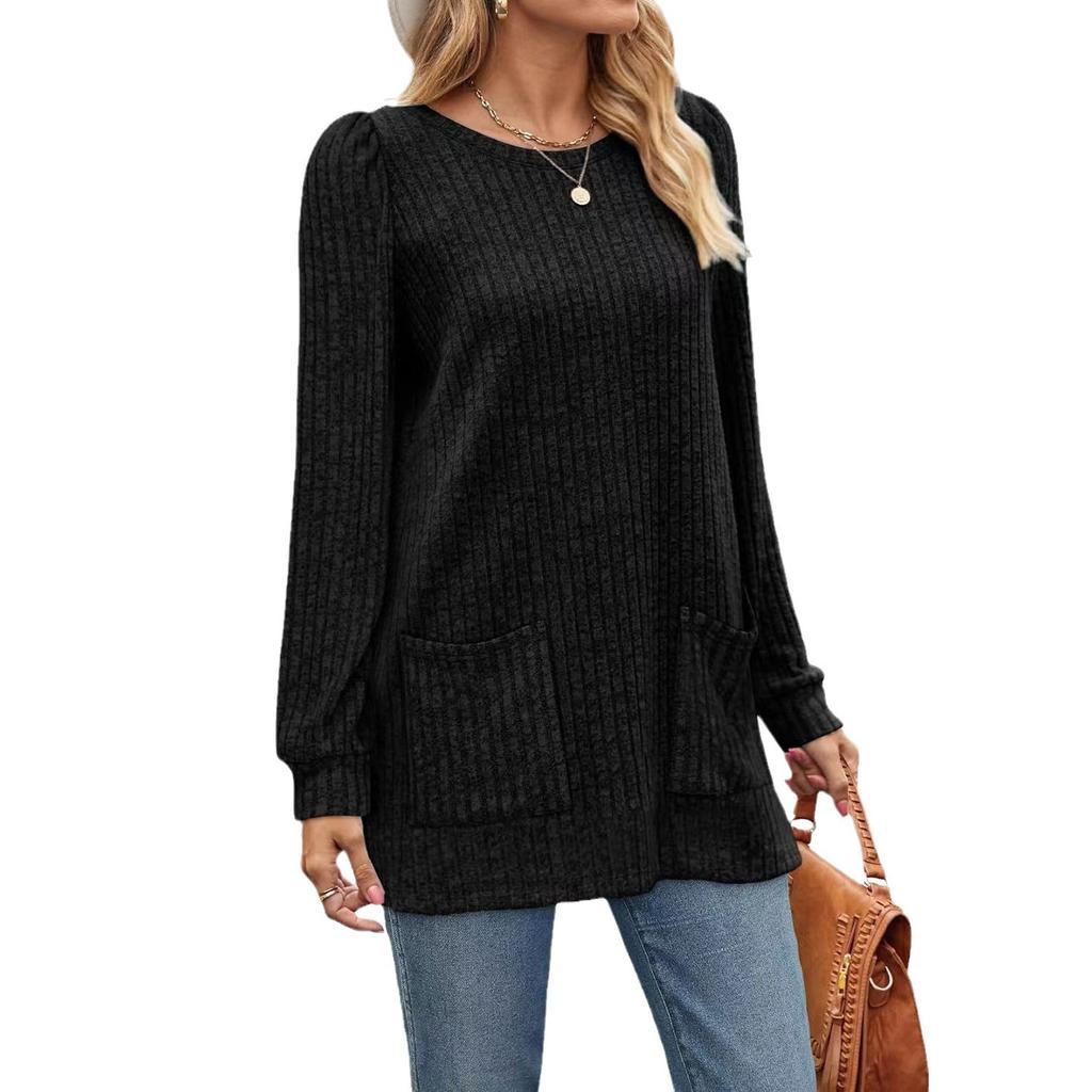 Elastic Winter Pocket Autumn Ribknit Top Solid Loose Casual Bubble Sleeve Tshirt For Women