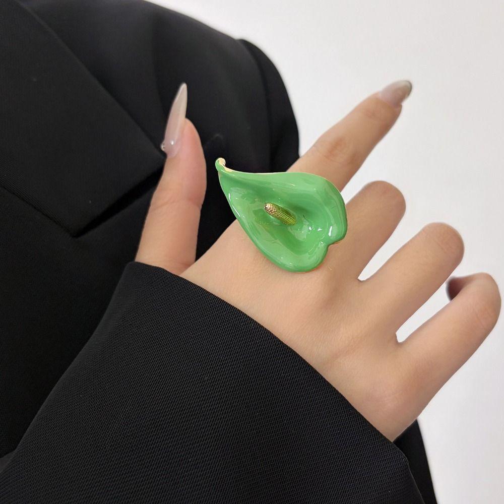 Adjustable Geometric Open Ring Metal Vintage Ring Luxury Enamel Calla Flower Ring Party