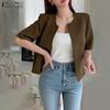 Women Casual Round Neck Loose Summer Short Sleeve Cardigan Blouse