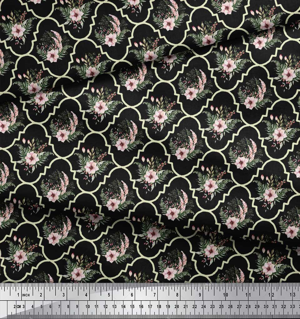 Soimoi Черная японская креп-сатиновая ткань с цветочным дамасским принтом на метр 42 дюйма