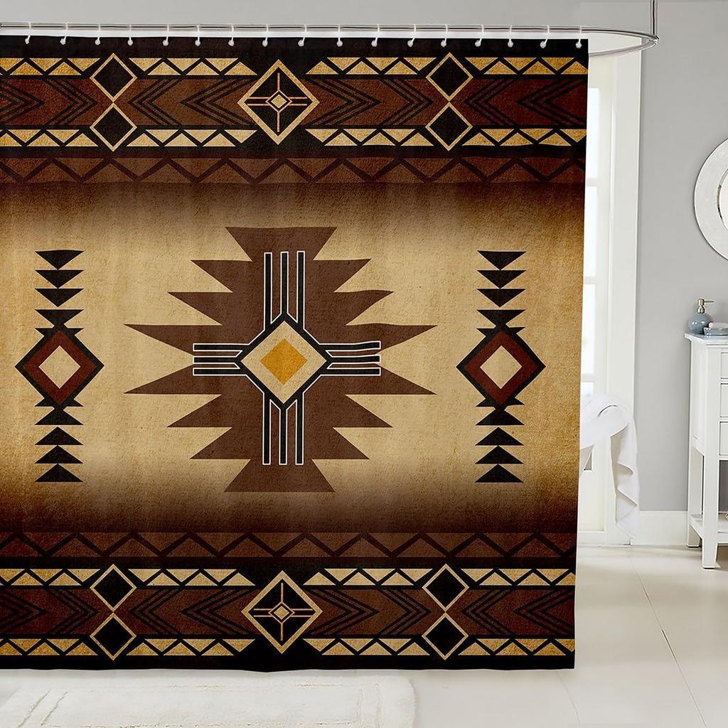 Southwest Shower Curtain, Geometric Aztec Tribal Pattern Bathroom Curtain Vintage Striped Western Waterproof for Kids Girls