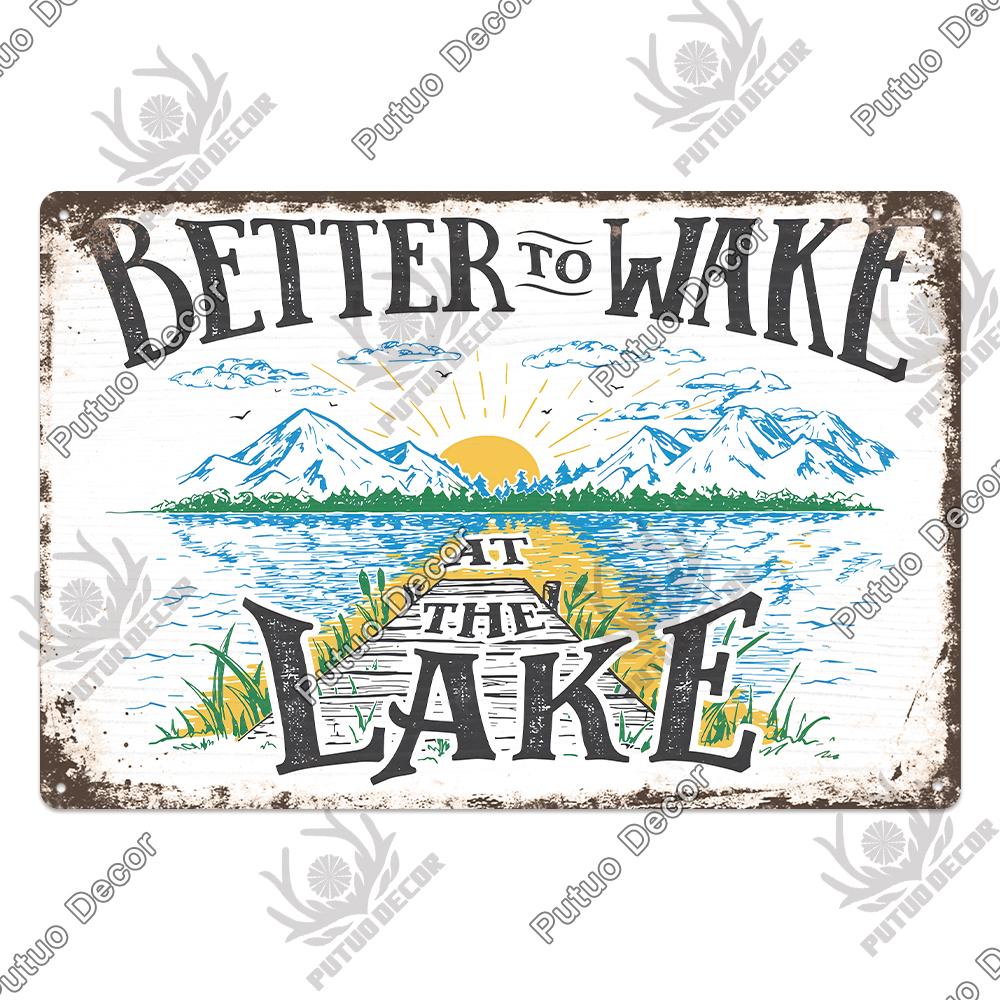 Putuo Decor Винтажные жестяные таблички «Дом у озера», деревенская табличка, металлическая пластина, настенный декор для гостиной, кухни и прихожей, постеры