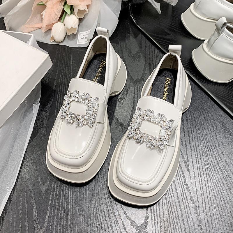 Весна-осень Лоферы из искусственной кожи Туфли женские на толстой подошве с квадратным носком Туфли-лодочки в стиле ретро со стразами Мокасины