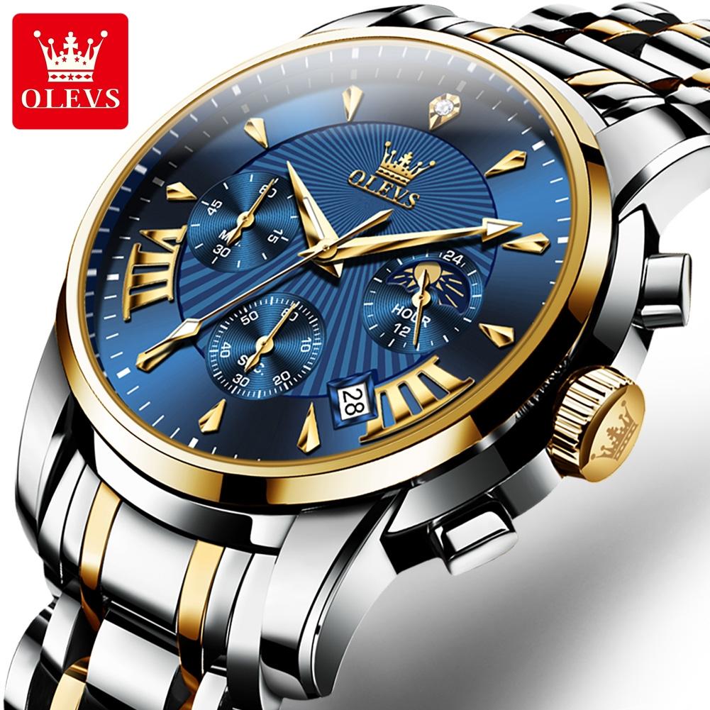 OLEVS Mens Watches Top Brand Luxury Moon Phase 24 Hour Chronograph Quartz Watch Stainless Steel Waterproof Sport Wristwatches