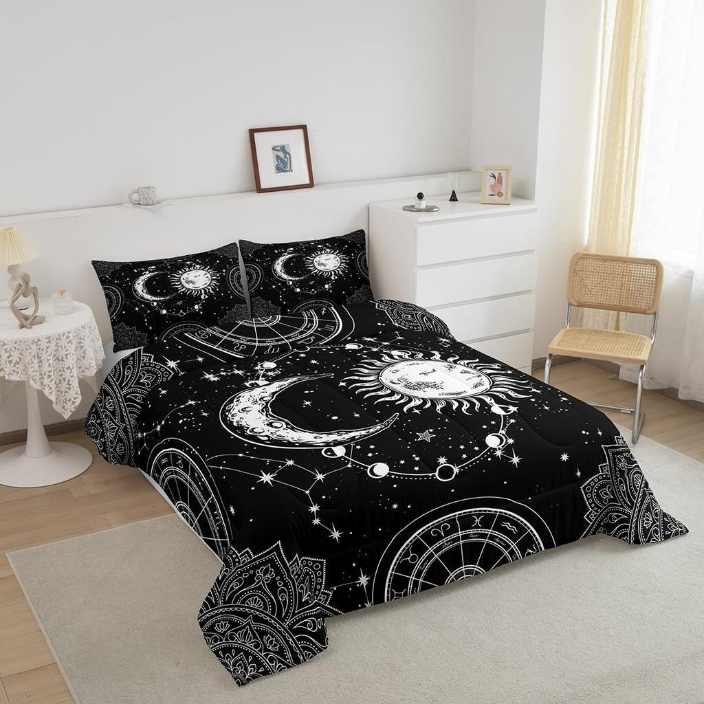 Sun and Moon Bedding Set Constellation Galaxy Comforter for Kids Boys Girls Teens Psychedelic Boho Mandala Comforter Breathable Celestial Du