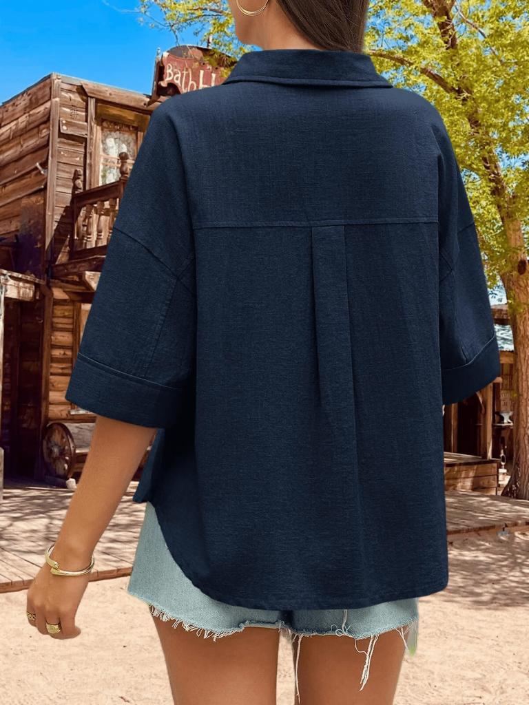 Women's Button Down Collared Blouse V Neck Cotton Short Sleeve Loose Top