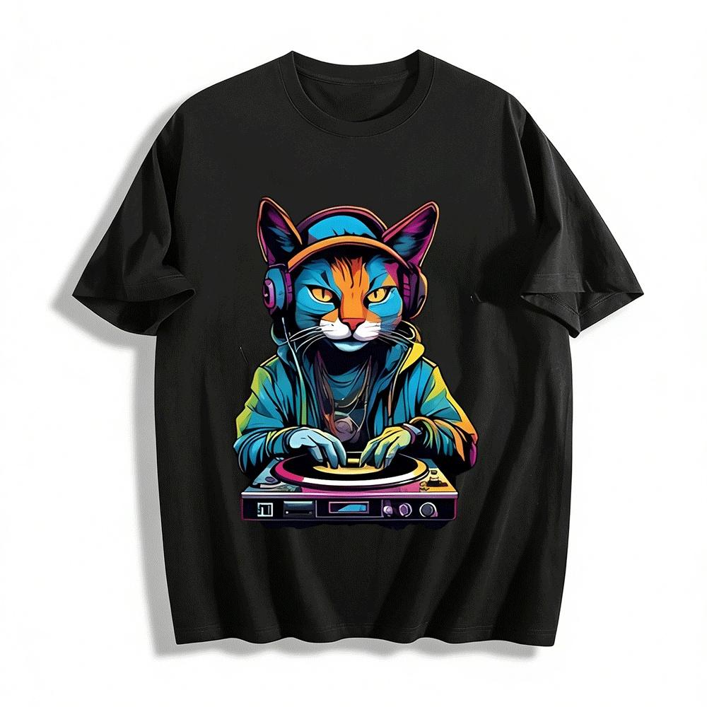 Крутой топ унисекс в уличном стиле с принтом DJ Cat, повседневная футболка из чистого хлопка