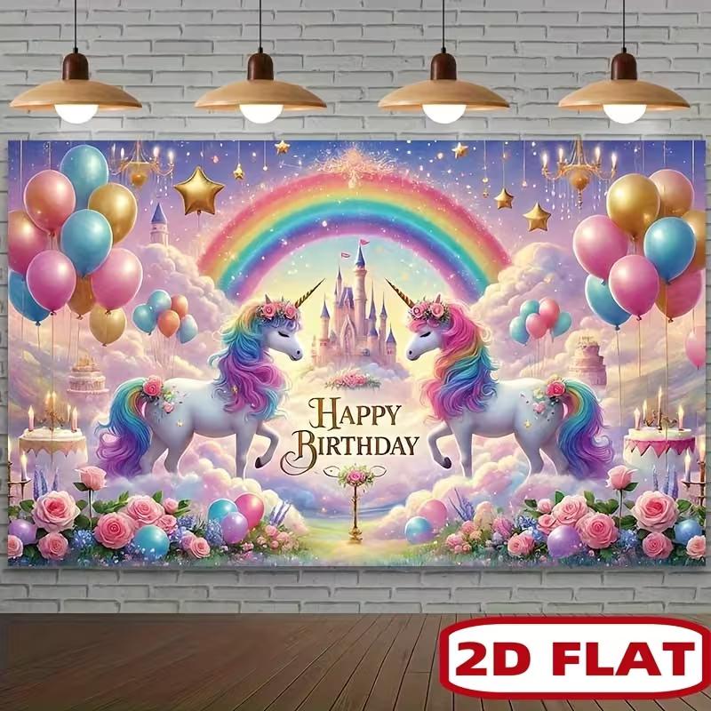 2D Unicorn Happy Birthday Backdrop Rainbow Castle Photography Background for Kids Party