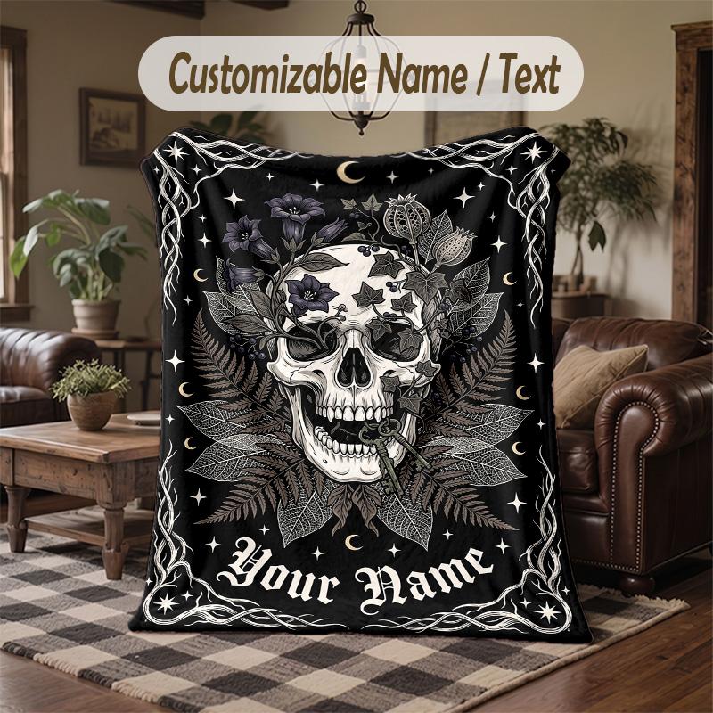 Skull Floral Fantasy Theme Throw Blanket Custom Name Text Personalized Blanket Soft Cozy Blanket for Home Sofa Bed