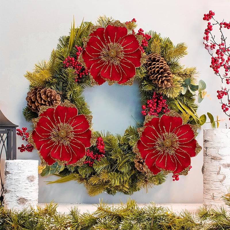 24CM Velvet Artificial Magnolia Christmas Flowers Bouquet Christmas Tree Ornaments Home Room Decoration New Year Gift