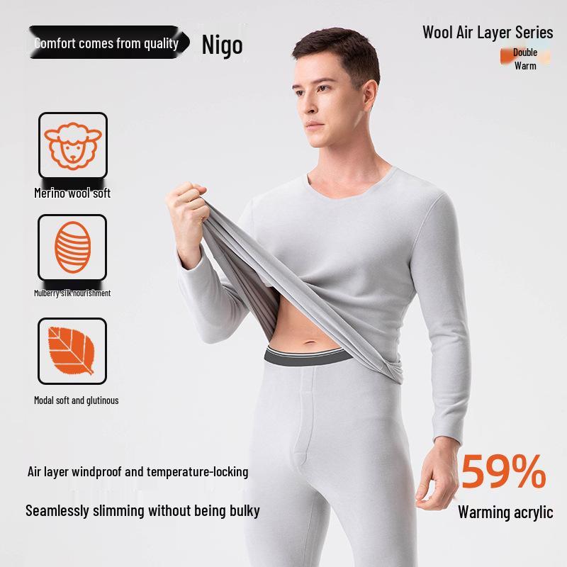 Men's Wool-Silk-Acrylic Seamless Fleece-Lined Warm Underwear Set