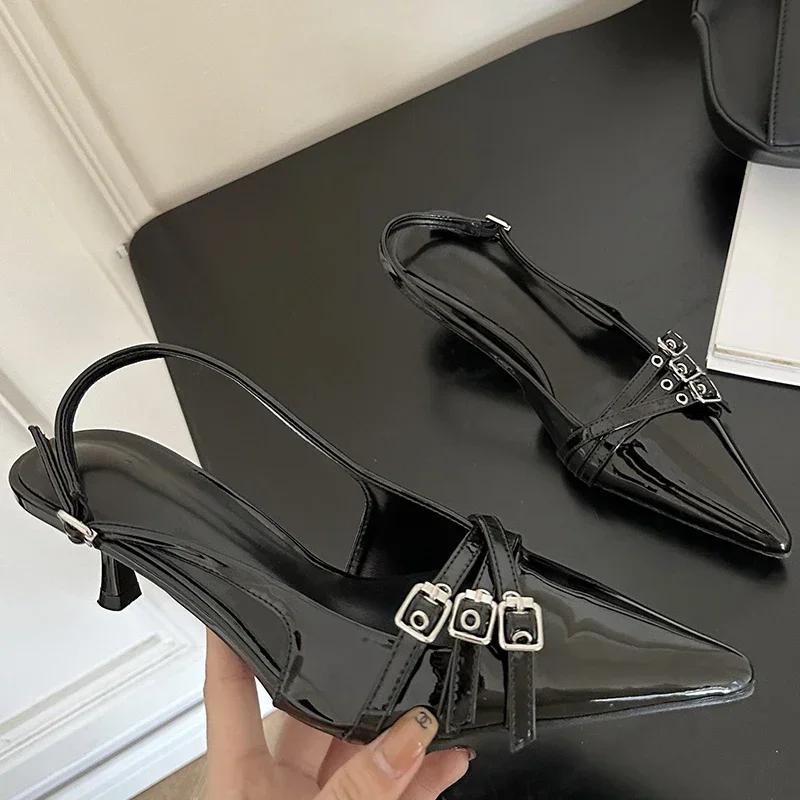 Туфли-лодочки с острым носком и неглубокой подошвой, женские туфли на каблуках, женские туфли с открытой пяткой, новинка на среднем каблуке, женская обувь, мюли, Chaussure Femme