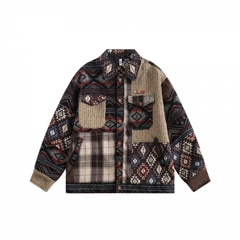 Unisex Vintage American Retro Ethnic Patchwork Cotton Jacket Loose Fit Streetwear Outerwear