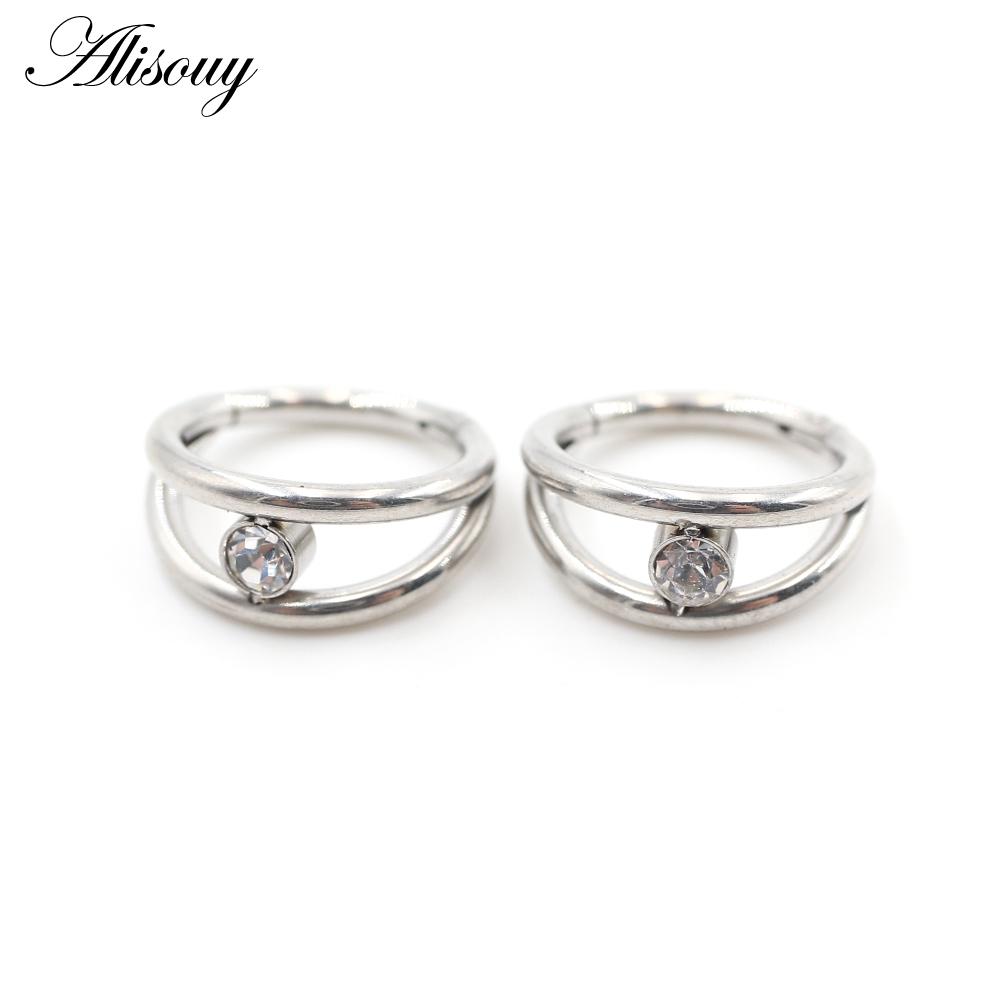 Alisouy 1pc Two Layers Zircon CZ Cartilage Earrings Stainless Steel Hinged Piercing Septum Clicker Nose Rings Hoop Segment Rings