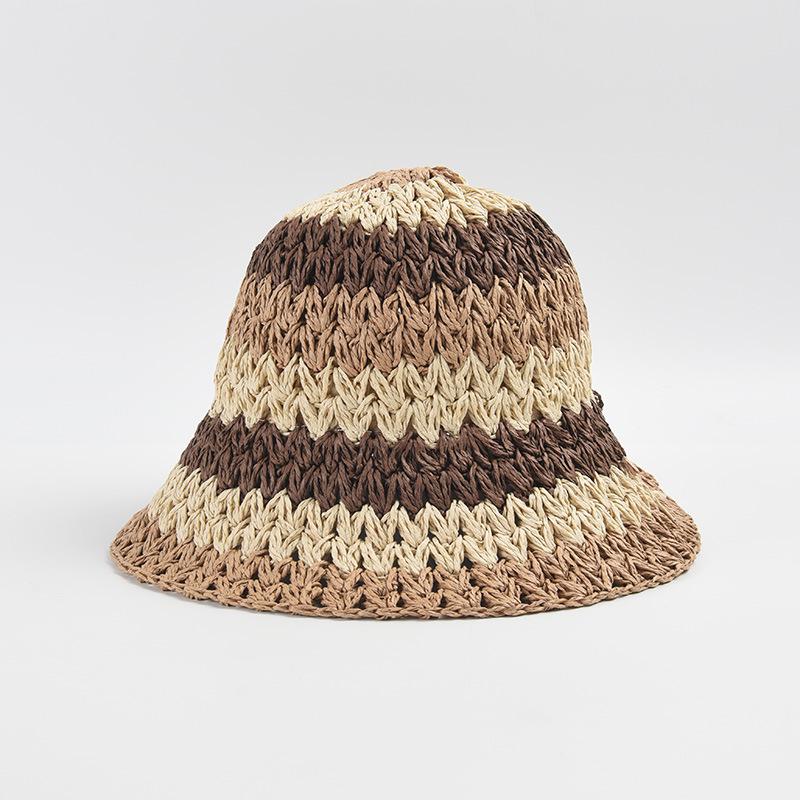 Unisex Summer Paper Sun Bucket Hat Checked Rainbow Gradient Silk Screen Printed Beach Vacation Ribbon