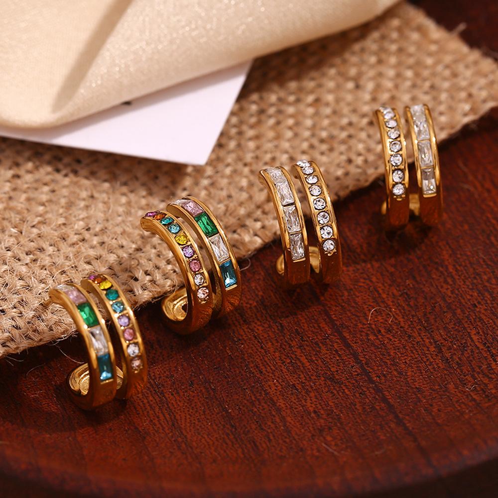 Women's Dainty Colorful Zircon Hoop Earrings Double Layer C Shape 18K Gold Plated Stainless Steel Trendy Style Blue Finch