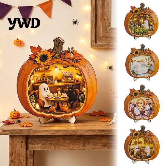 Spooky Cute Halloween Figurines Ghost Pumpkin Tabletop Sign, Wooden House with Mini Decorative Holiday Shelf Accents Scene, Fall Harvest Desktop