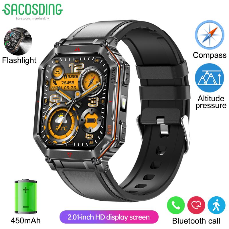 New Smart Watch GPS Sports Men Compass LED Flashlight Altimeter Barometer Bluetooth Call 3ATM Waterproof AMOLED Screen Smartwatch 450mAh