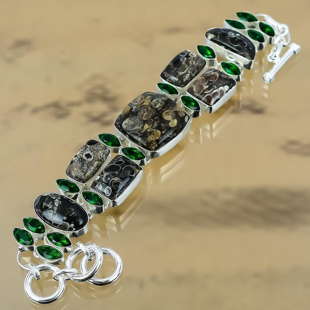 Natural Turritella Agate Gemstone 925 Silver Chain Adjustable Bracelet For Women