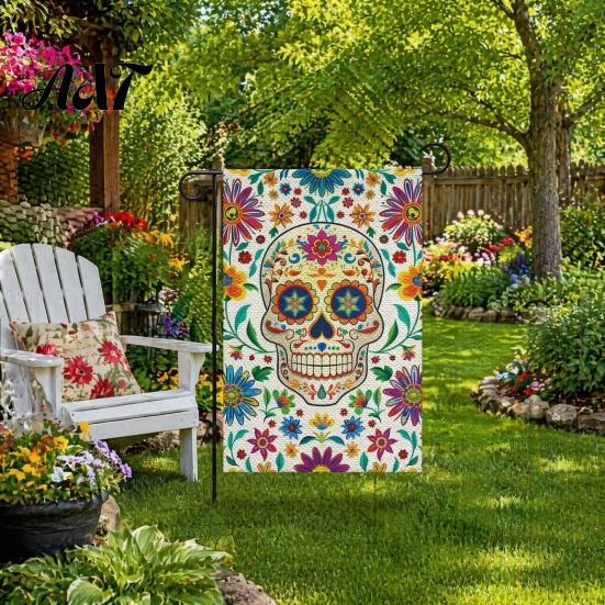 Garden Flags Day of The Dead Flag, 12x18 Inch Floral Skull Decorative Yard Signs Mexican Gothic Skeleton Flowers Double-Sided Burlap Banner for Patio,
