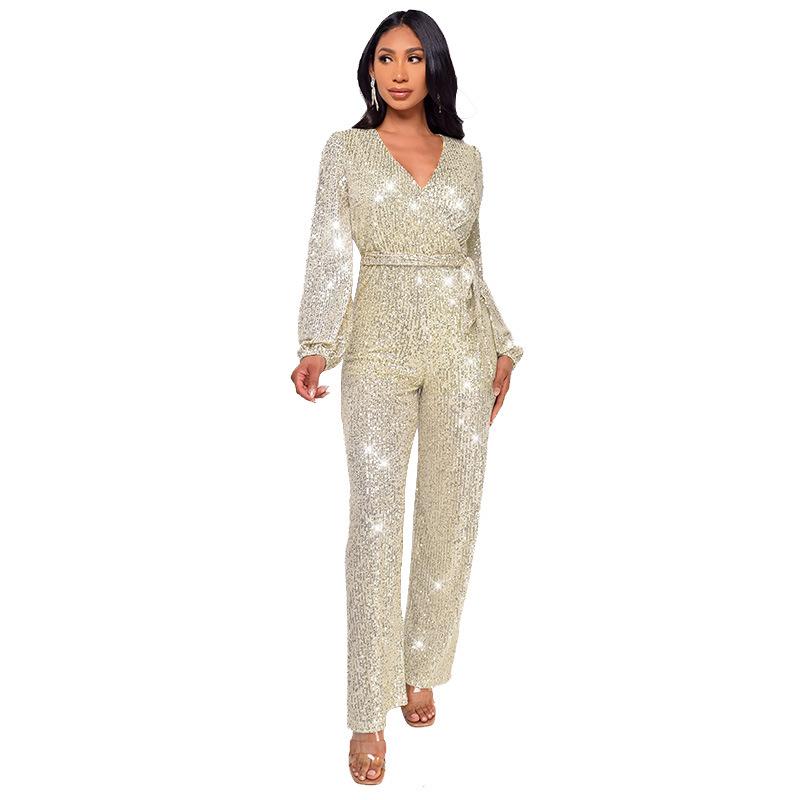 Sparkly Jumpsuits For Women Dressy Formal Plus Size Long Sleeve Sequin Party Rompers Sexy V Neck Wide Leg Pants Suit