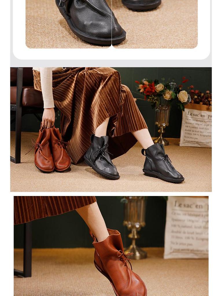 2025 Women's Retro Slouch Boots - High-End Cowhide, Soft Sole, Flat Heel Casual Short Boots