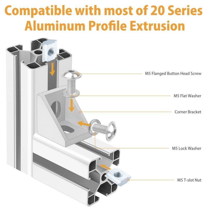 2020 Aluminum Profile Connector Set 20pcs Corner Bracket + 40pcs M5x8mm Hex Socket Cap + 40pcs 20 Series M5 T-slot Nuts