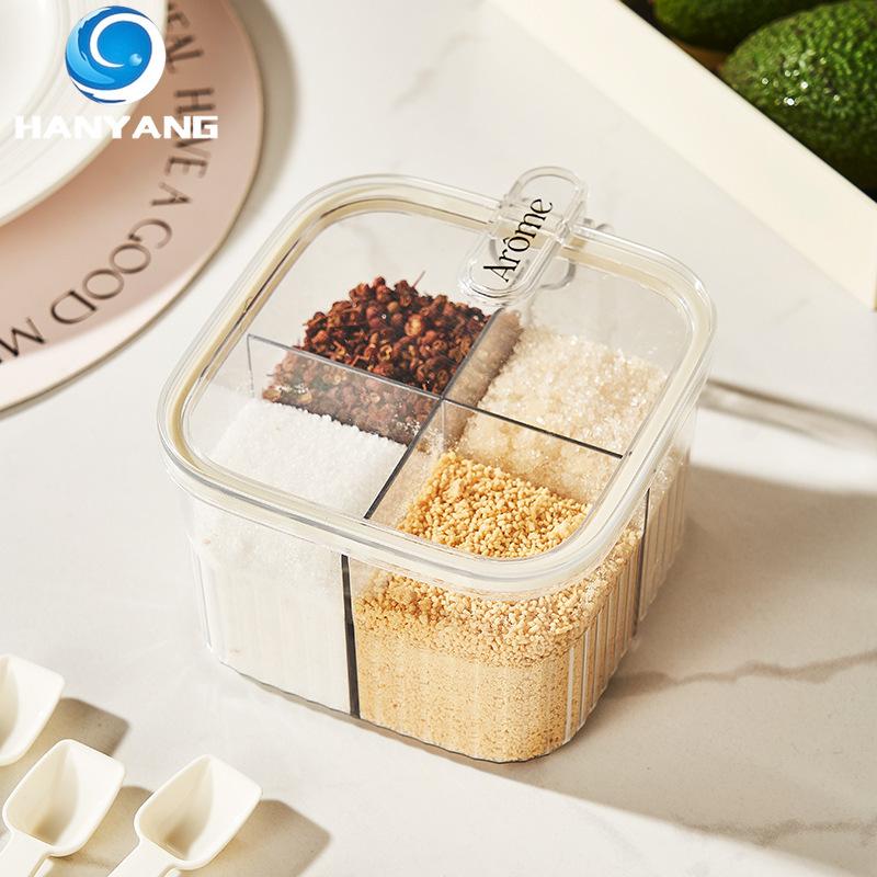 Тип кухонного пресса Коробка для специй Герметичная влагонепроницаемая с ложкой для добавления соли Глутамат натрия Приправы Коробка для специй Четыре отделения Банка для приправ