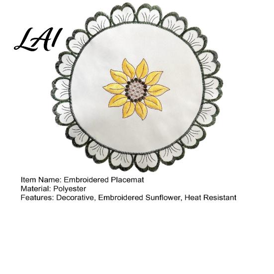 Washable Polyester Pot Mats Flower Shaped Placemat with Embroidered Sunflower Pattern Pastoral Style for Dining Table Soft Fabric Plate Retro