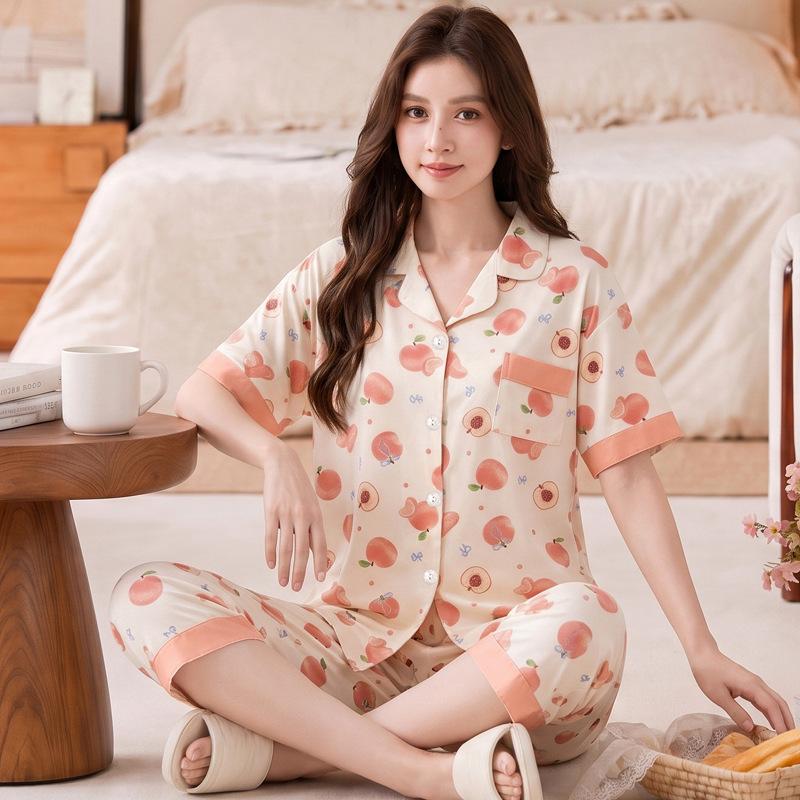 ins peach pajamas women's summer new imitation cotton short-sleeved cropped pants middle-aged mother's loungewear