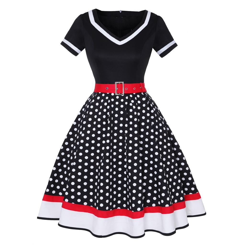 Vintage Polka Dot V Neck Maxi Dress With Piping For Evening Wear