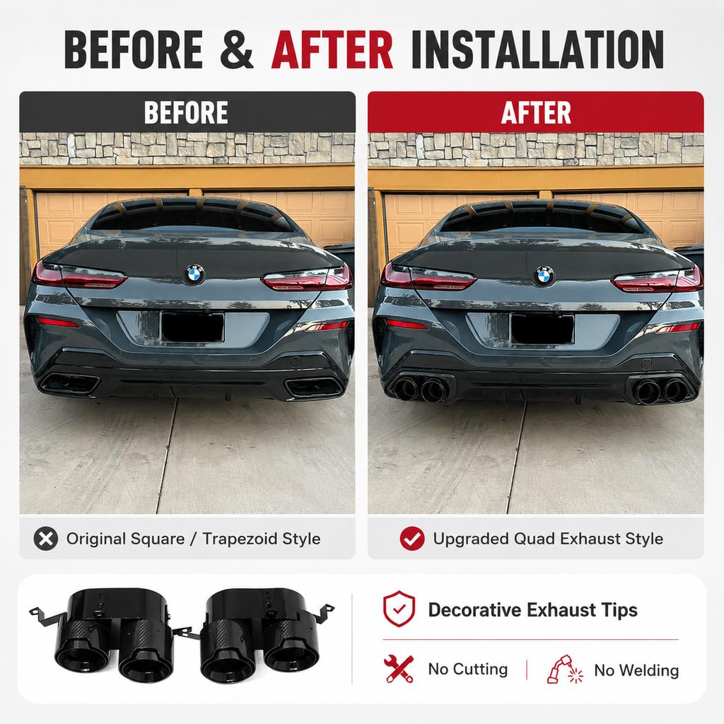Carbon Fiber Quad Exhaust Tips for BMW 8 Series G14 G15 G16 840i 850i Coupe Gran Coupe Trapezoid to Round 4-Out Muffler Pipe G4JF