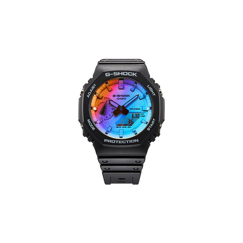 Casio Серия с двойным ЖК/стрелочным дисплеем, серия с неоновыми восьмиугольниками, водонепроницаемый механизм с цветным лазерным зеркалом, кварцевый механизм, полимерный ремешок, GA-2100SR-1APR
